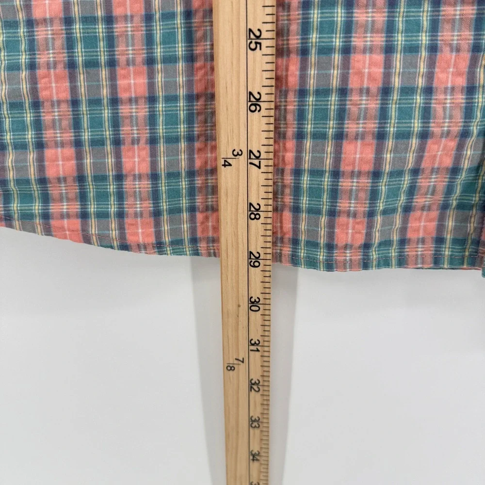 LL Bean Button Down Shirt Mens L Pink Green Plaid Cotton Short Sleeve Fitted